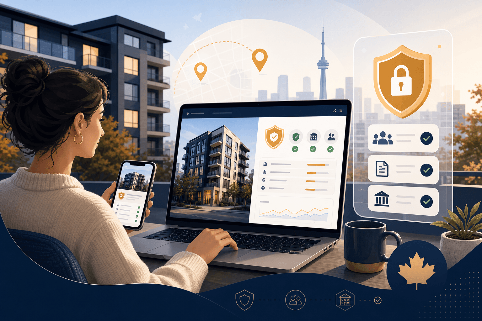 Illustration of a renter reviewing a building profile with verified safety signals